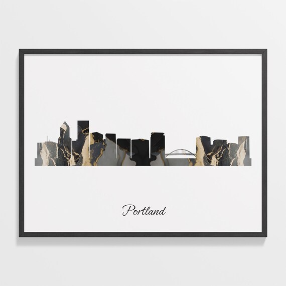 Portland Black Gold Marble Skyline Silhouette Cityscape Poster