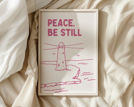Peace Be Still Pink Retro Lighthouse Coastal Christian Poster Art