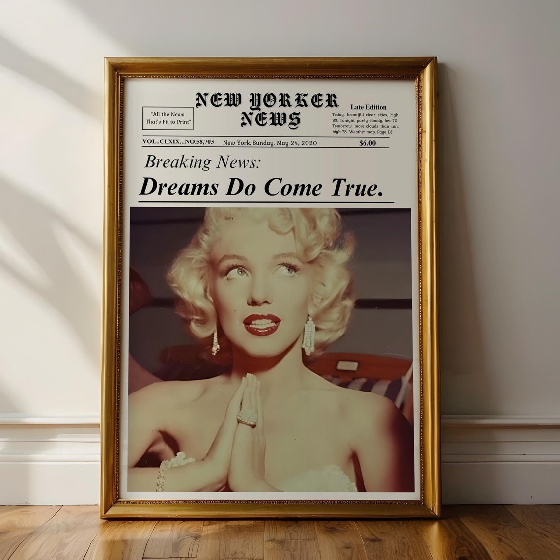 Marilyn Monroe Dreams Do Come True Retro Newspaper Quote Art Poster