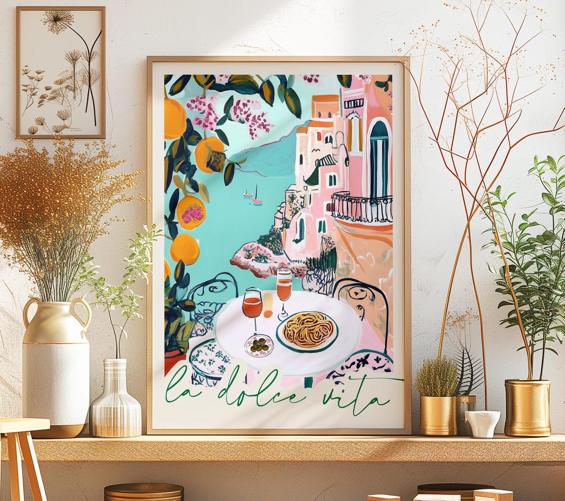 La Dolce Vita Coastal Italy Watercolor Pasta Spritz Art Poster