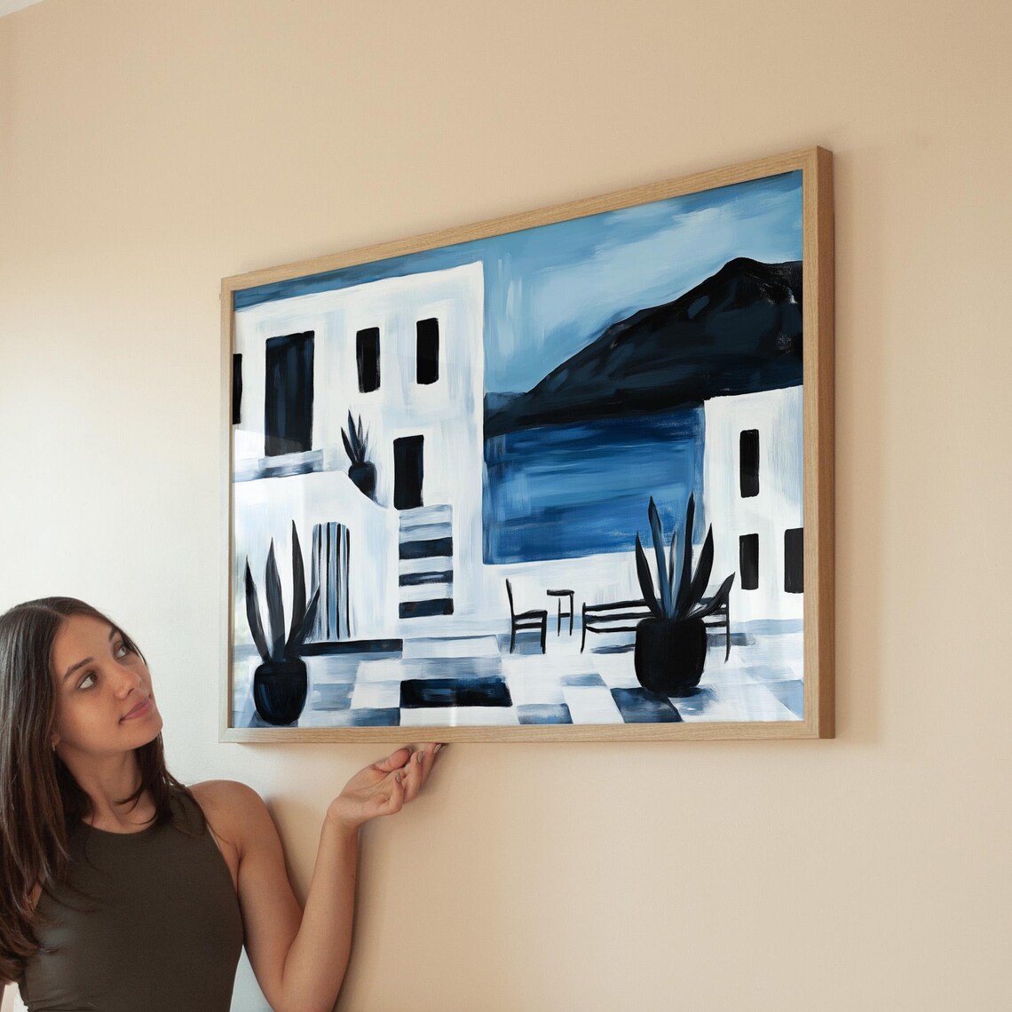 Minimalist Greek Patio Art Print, Mediterranean Courtyard