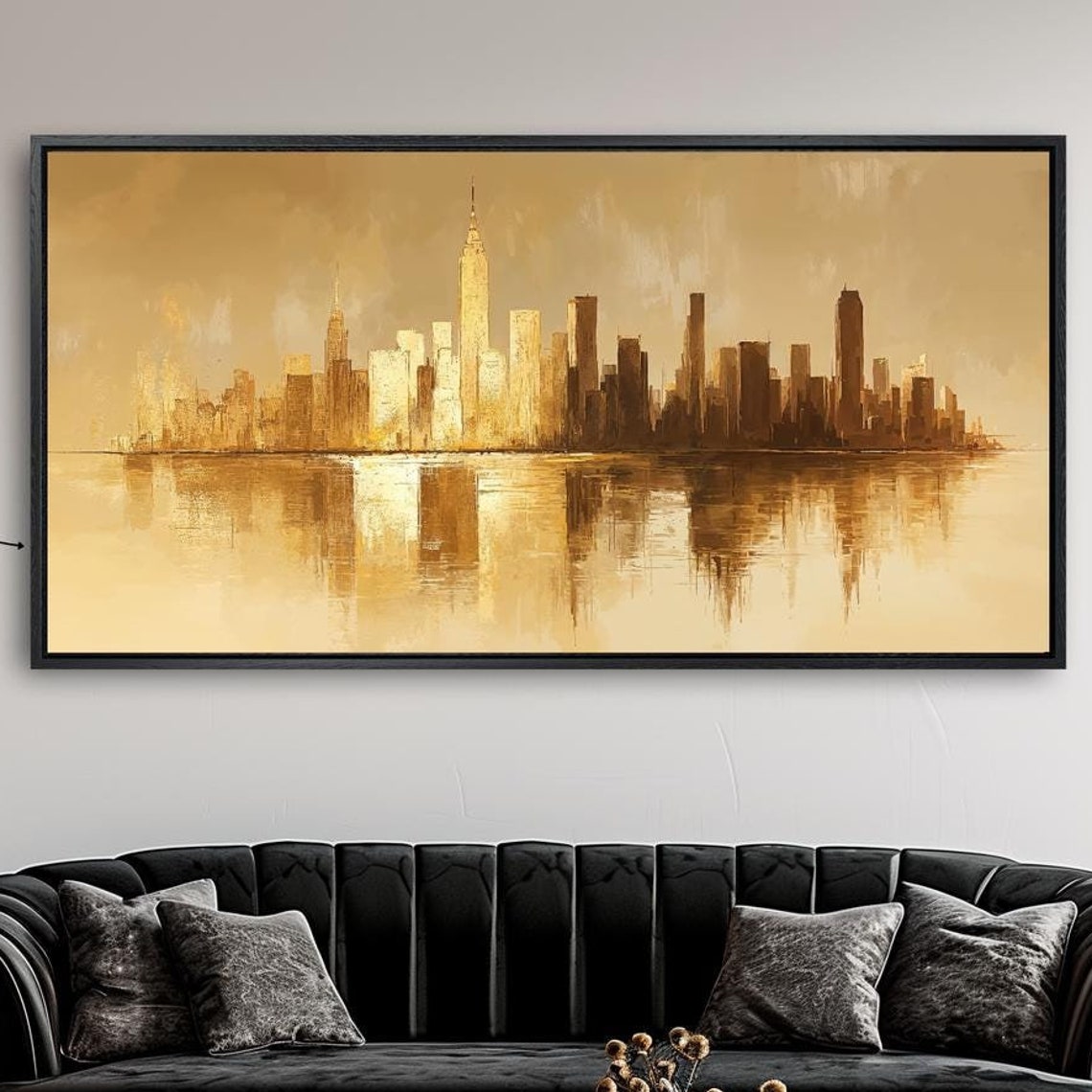 Golden City Skyline With Tall Spire Reflecting On Calm Water Poster
