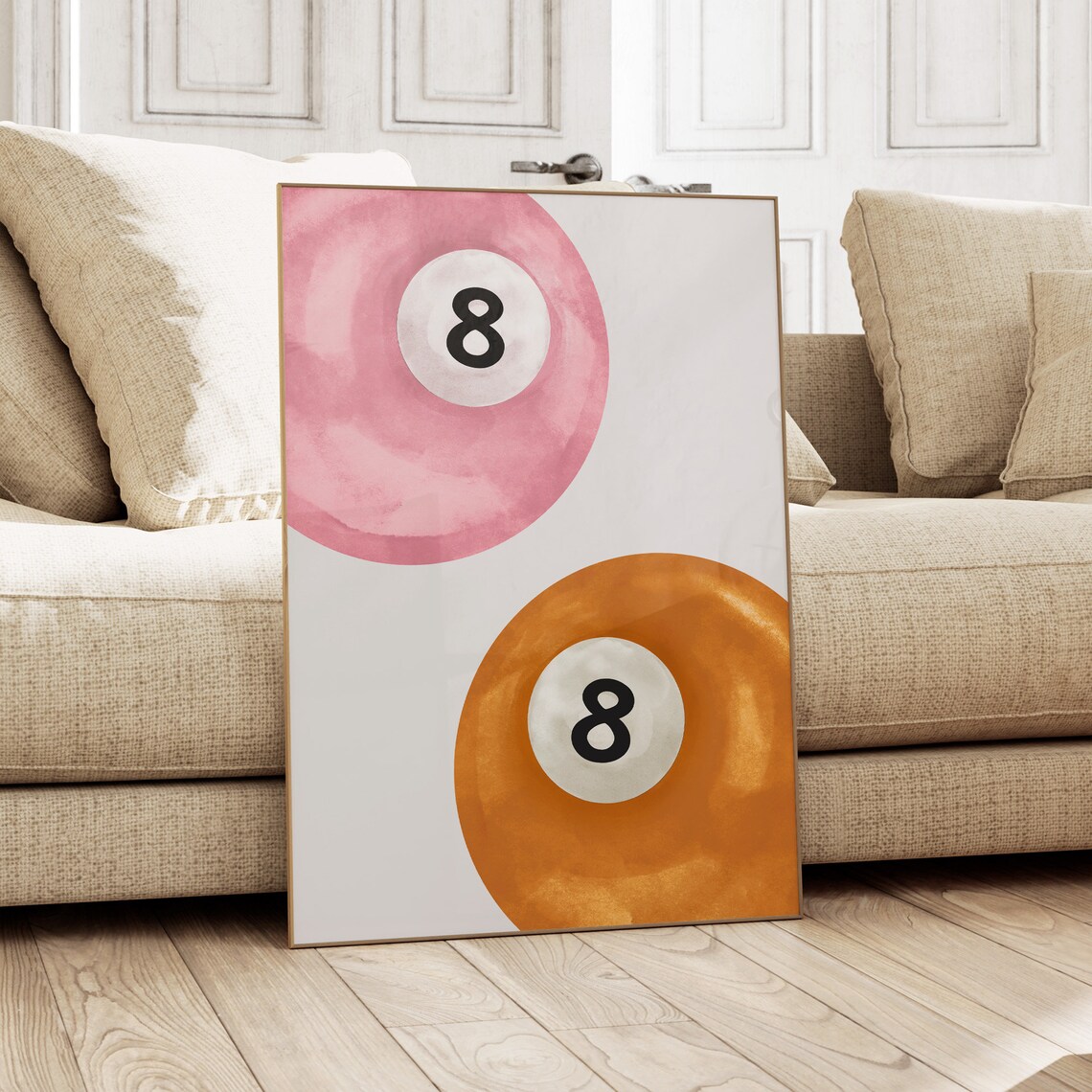 Pink Orange 8 Ball Pool Watercolor Duo Retro Trendy Art Poster