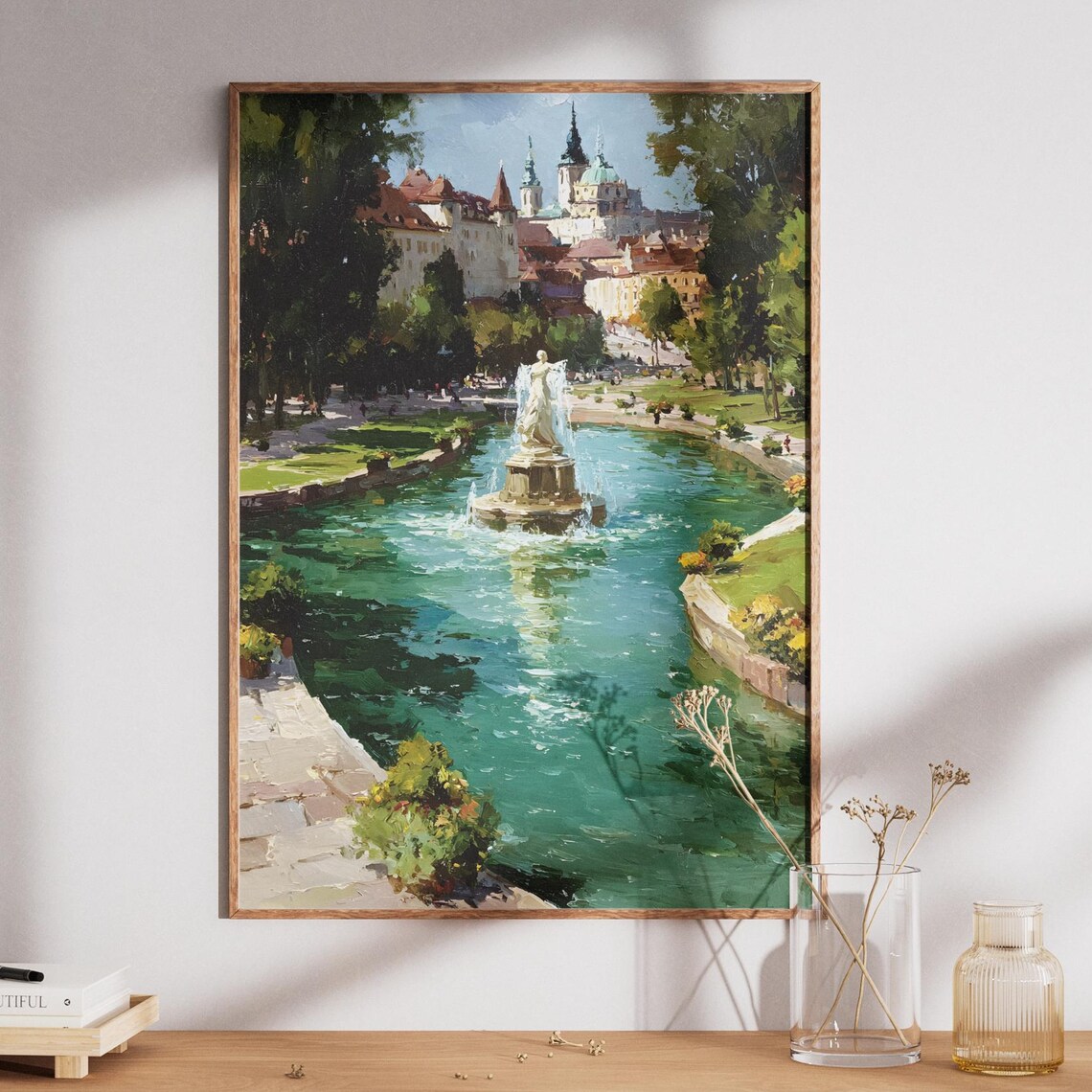 European Park Fountain Impressionist Old Town Lake Painting Poster