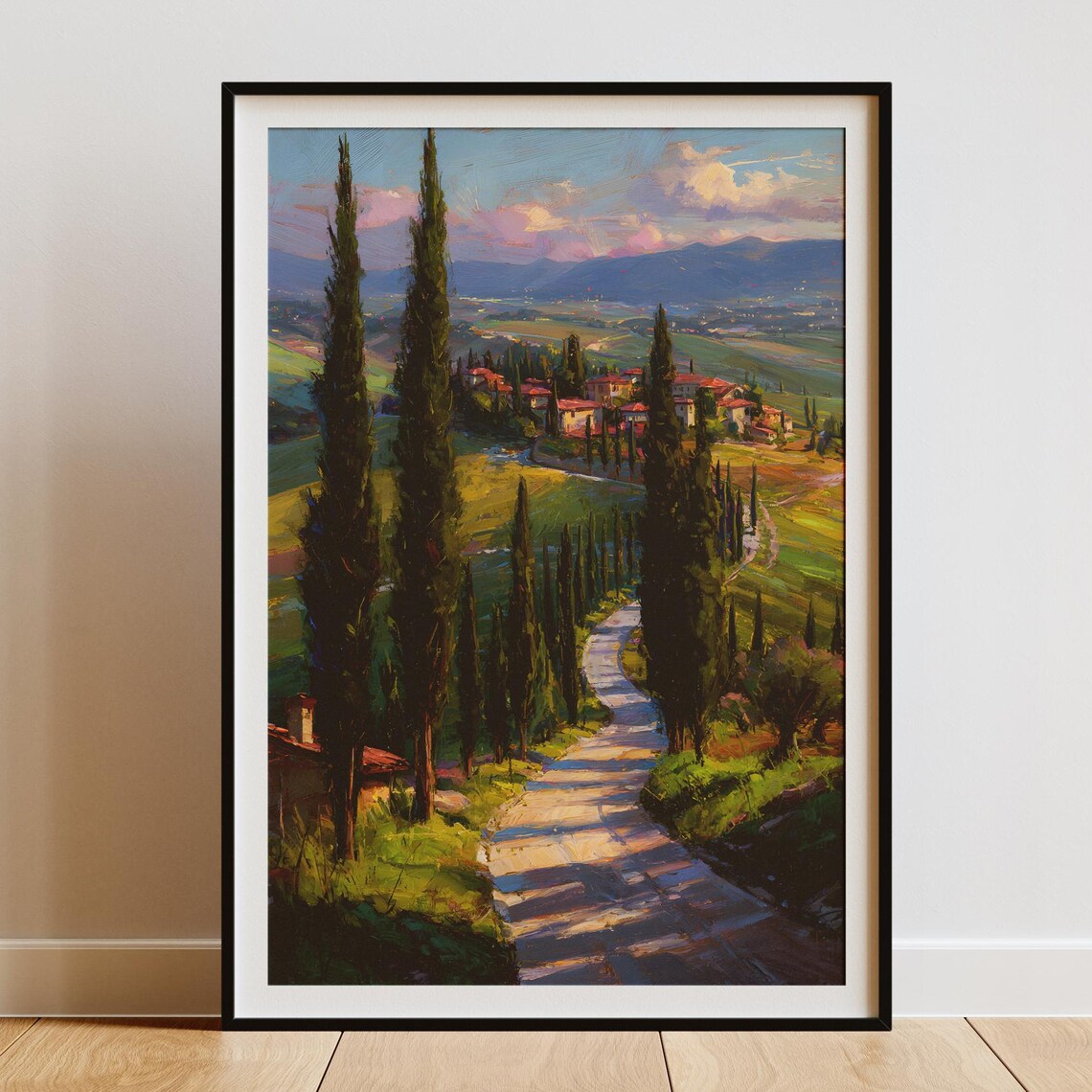 Tuscan Cypress Road Hillside Village Oil Painting Landscape Poster