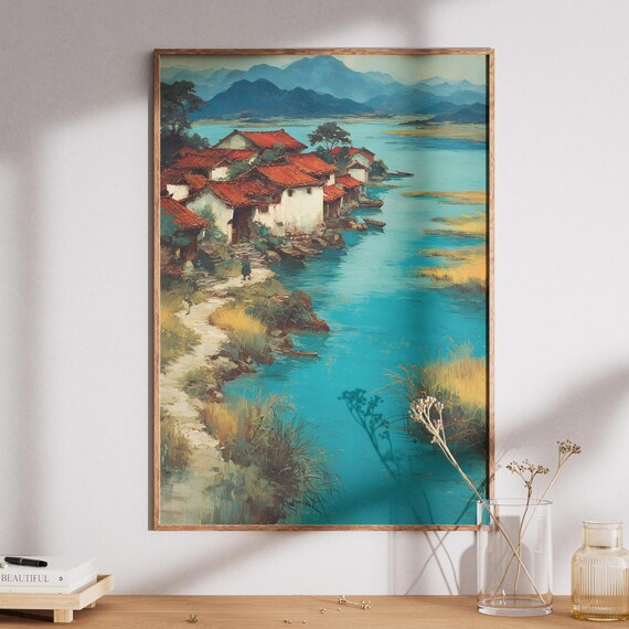 Asian Fishing Village Turquoise Lake Mountains Painting Print