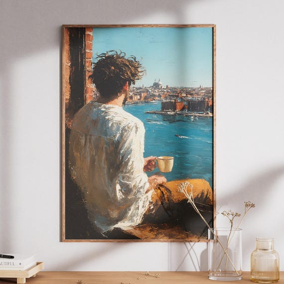 Man By Window Art Print Cityscape Ocean View Textured Oil Painting Style Coffee Lover Travel And Contemplation Wall