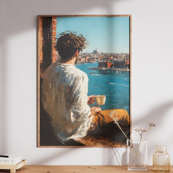 Man With Coffee Overlooking Coastal City Window Oil Painting Poster