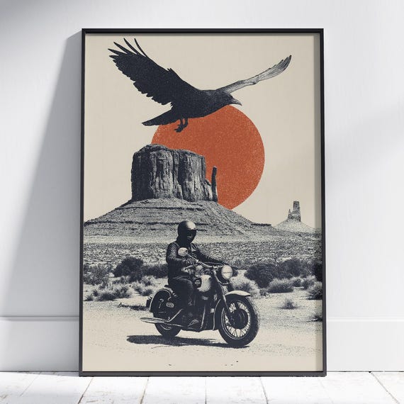 Retro Desert Motorcycle Art Vintage Rider Crow Print Southwest Landscape Wall Decor Wanderlust Adventure Gift