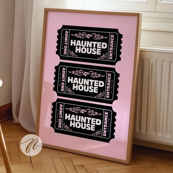 Pink Haunted House Ticket Wall Art Halloween Apartment Decor Vintage Print Trendy Pinkoween Spooky