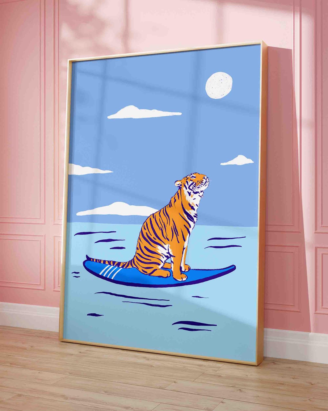 Surfing Tiger On Blue Board Under Moon Whimsical Coastal Poster