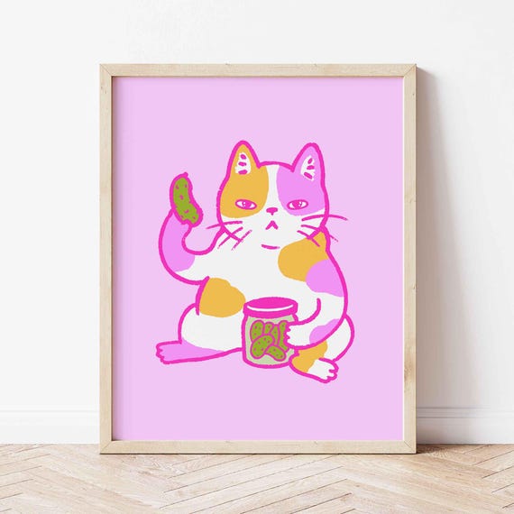 Cat Wall Art Print Pink With A Pickle Poster Cute Kitten Illustration Lover Gift Dopamine Unframed Shipped Mom