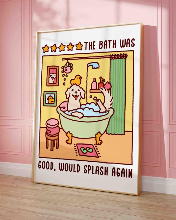 Dog In A Bath Poster Bubble Time Cute Bathroom Art Print Trendy Golden Retriever Unframed Shipped Wall