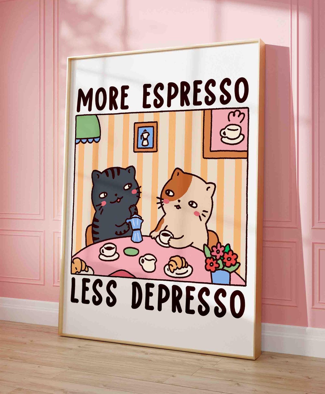 More Espresso Less Depresso Funny Cartoon Cats Coffee Quote Poster