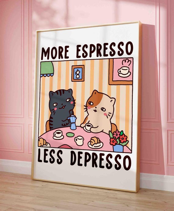Cats Having Coffee Illustration Print Cute Quirky Funny Quote Art Trendy Cozy Apartment Lover Gift Retro Kitchen Decor