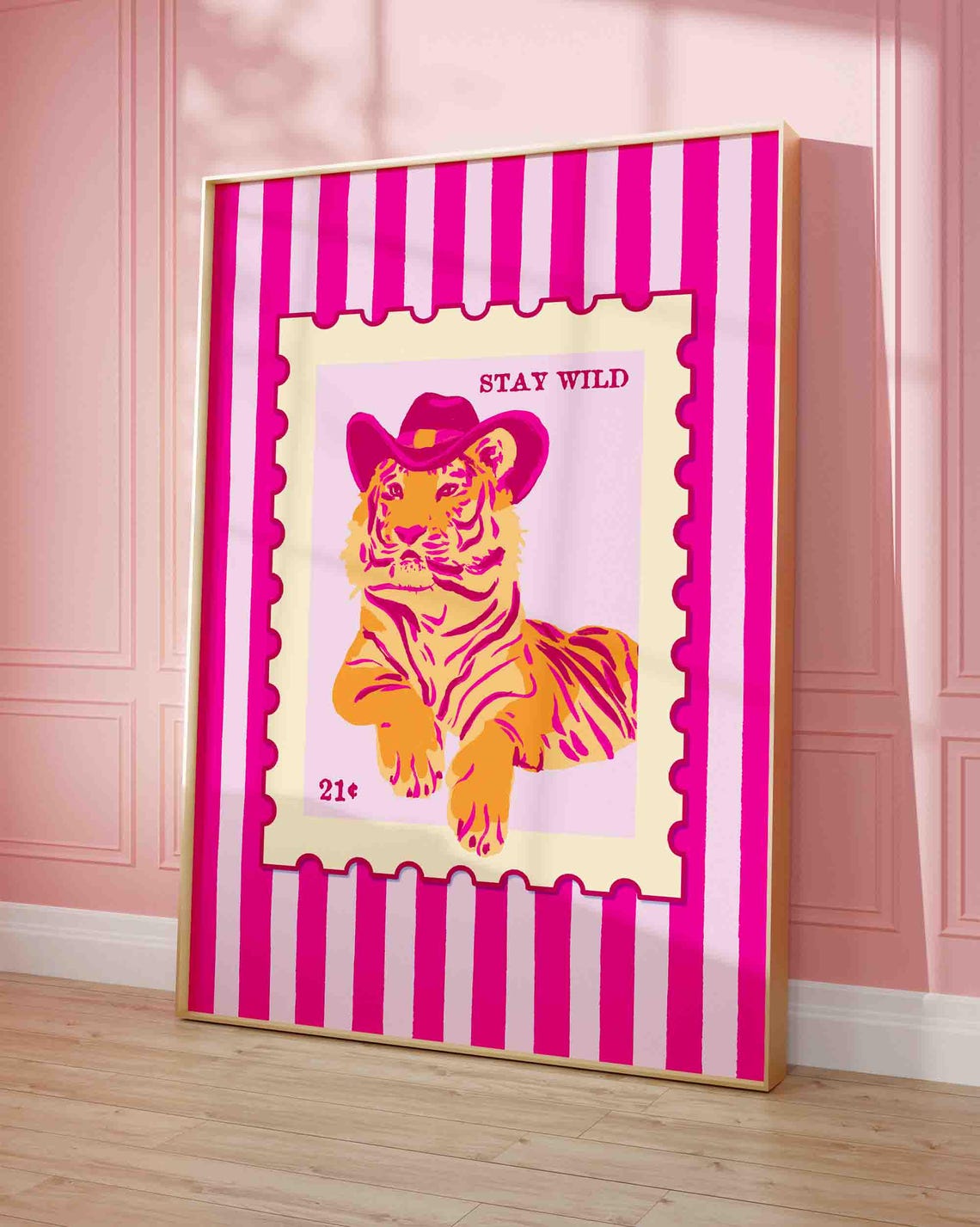 Stay Wild Cowboy Hat Tiger Stamp Pink Dopamine Room Decor Poster