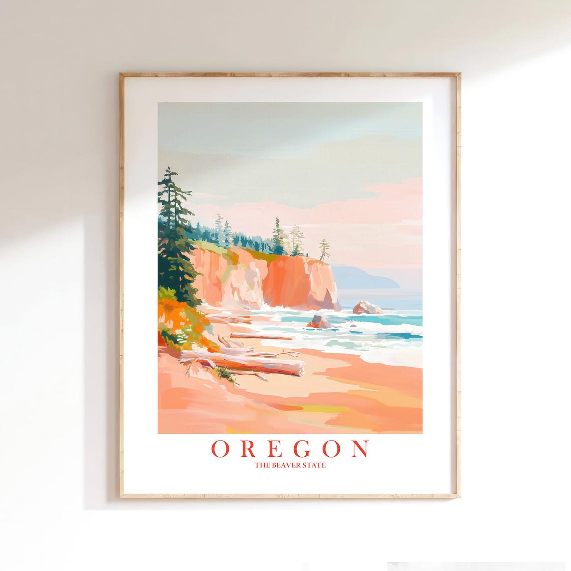 Oregon Coast Cliffs and Beach Pastel Beaver State Travel Poster