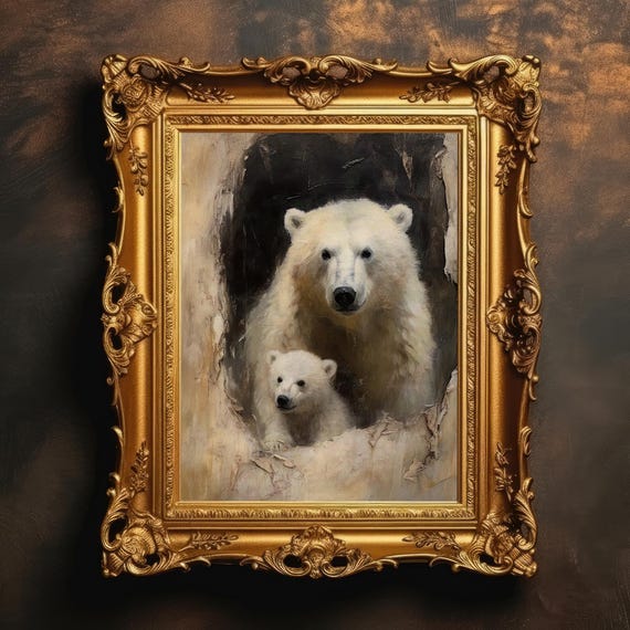 Polar Bear Mom And Cub Dark Oil Painting Vintage Wall Art Moody Animal Print Academia Rustic Arctic