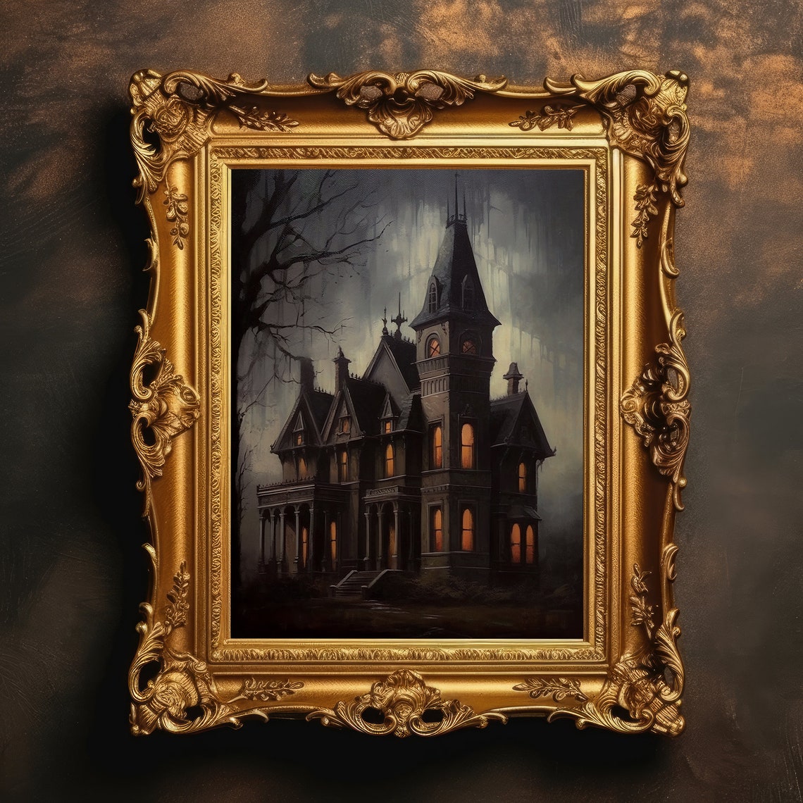 Spooky Gothic Mansion Night Rain Dark Academia Gold Frame Print