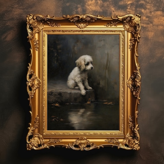 Vintage Puppy Oil Painting, Gothic Cabin Decor