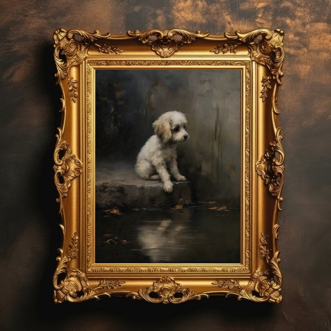 Vintage Puppy Oil Painting, Gothic Cabin Decor