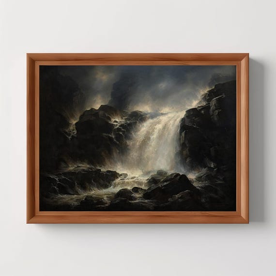 Stormy Waterfall Cascade Dark Academia Vintage Mountain Pass Painting Gothic Home Decor Moody Wall Art