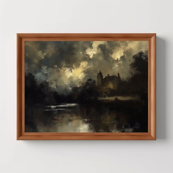 Rustic Manor Moody Landscape Vintage Farmhouse Print Antique Country Oil Painting Printbale