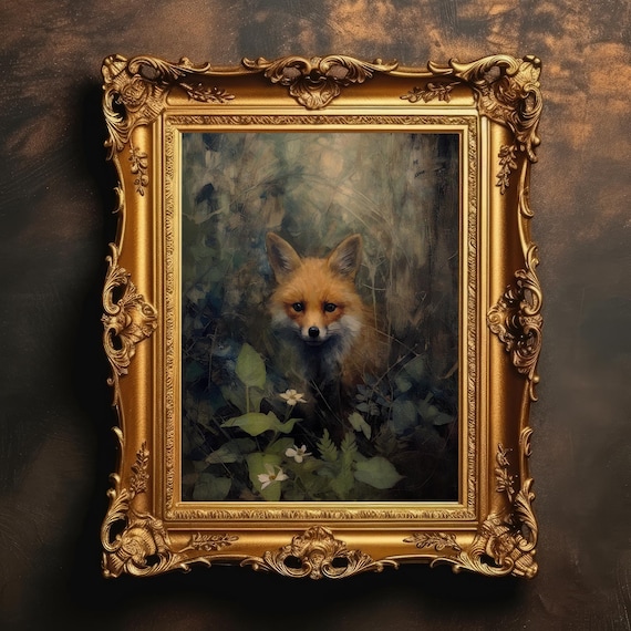 Curious Fox Kit Peeking Through Foliage Ornate Gold Frame Poster