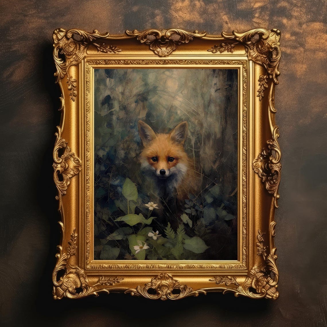 Curious Fox Kit Peeking Through Foliage Ornate Gold Frame Poster