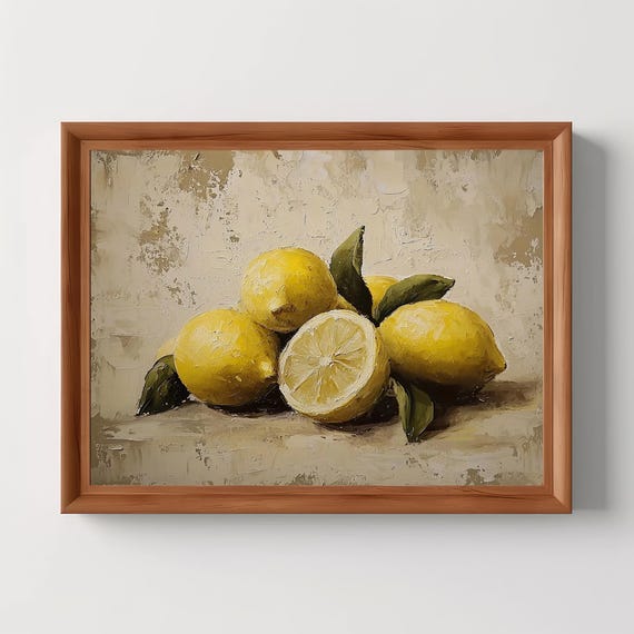 Lemons Still Life Vintage Kitchen Painting Moody Wall Art Antique Print Country Decor