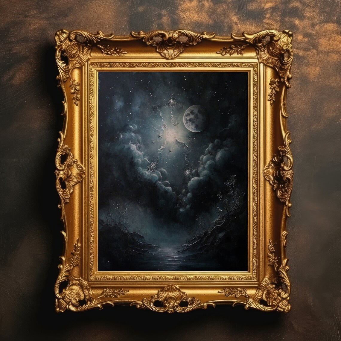 Celestial Moonlit Night Sky Stars Dark Academia Moody Oil Painting Poster