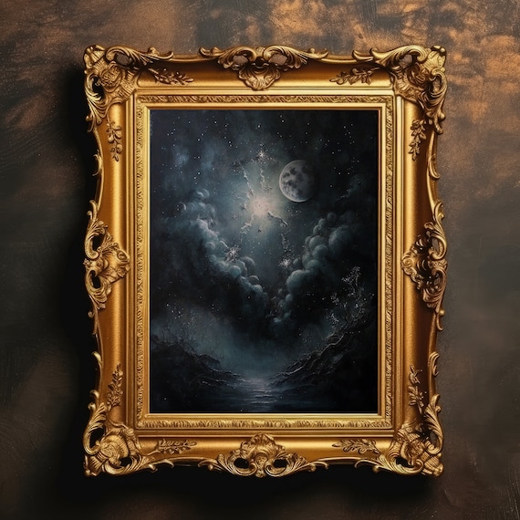 Celestial Moonlit Night Sky Stars Dark Academia Moody Oil Painting Poster