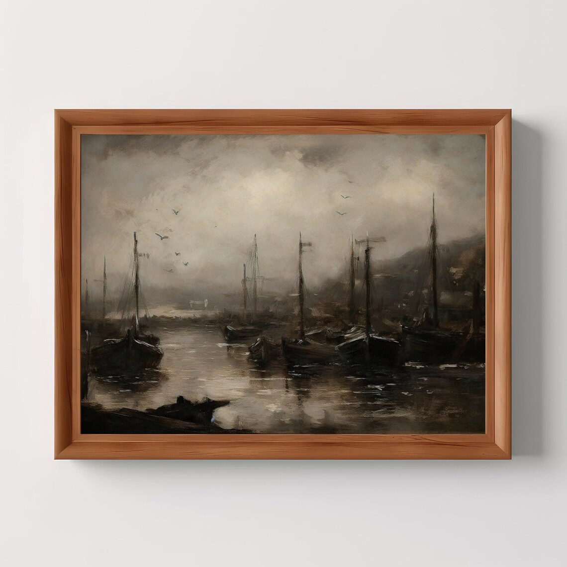 Boat Dock Moody Harbor Painting, Nautical Seascape