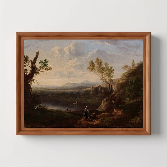 Scenic Landscape River And Trees Oil Painting Vintage Wall Art Antique Spring Room Decor