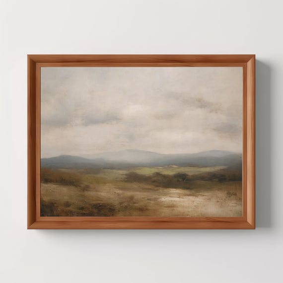 Muted Highlands Landscape Vintage Summer Painting Rustic And Neutral Moody Wall Art Country Cottage Print