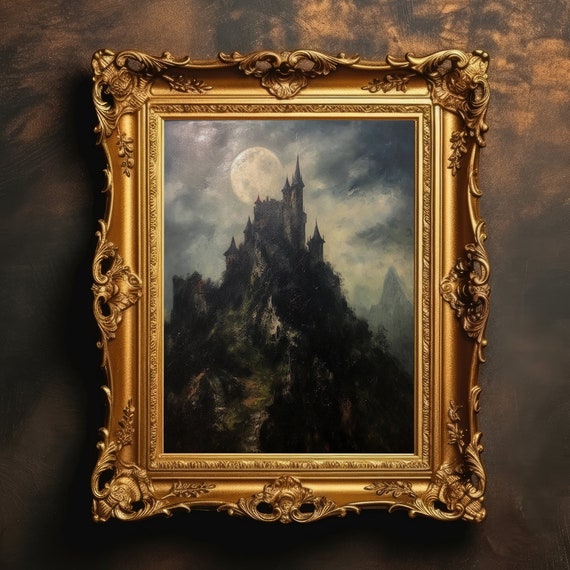 Dark Castle On Mountain Antique Oil Painting Vintage Academia Horror Wall Art Moody Print