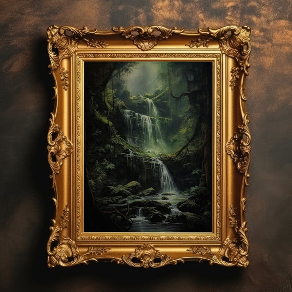 Waterfall In Forest Dark Academia Gothic Art Print