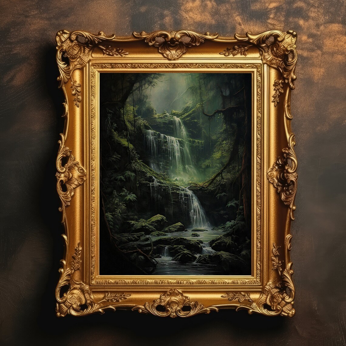 Waterfall In Forest Dark Academia Gothic Art Print