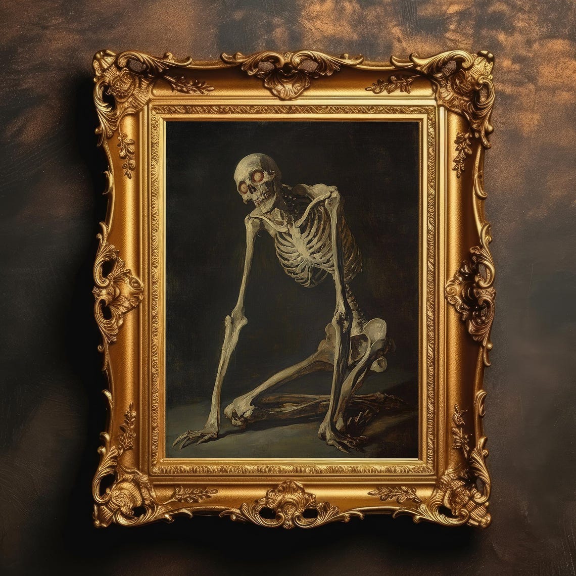 Skeleton Vintage Macabre Painting Halloween Decor Moody Wall Art Gothic Room Dark Academia