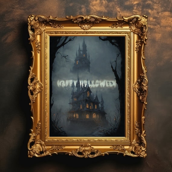 Happy Halloween Haunted House Subliminal Text Decor Vintage Oil Painting Antique