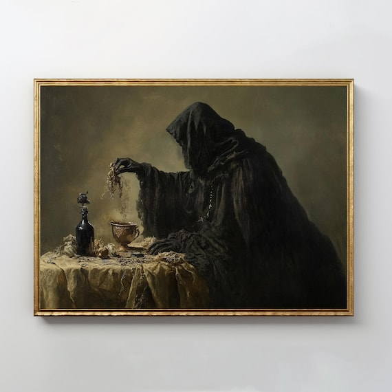 Alchemy Ritual Art Print Vintage Oil Painting Dark Mystic Decor Academia Occult Wall