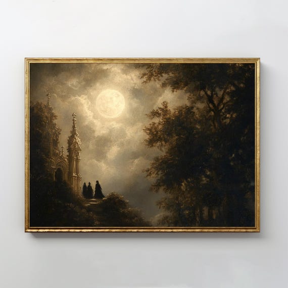 Moonlit Gothic Chapel Print Dark Romantic Painting Moody Wall Art Academia Landscape