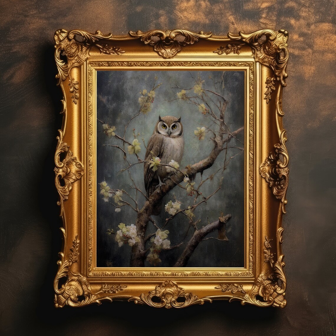 Owl on Blossom Branch Dark Moody Antique Oil Painting Poster