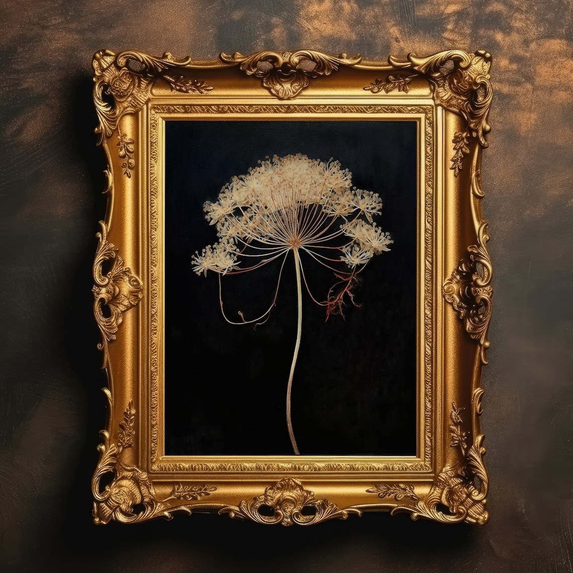 Dried Queen Anne's Lace Flower On Black Dark Botanical Wall Art