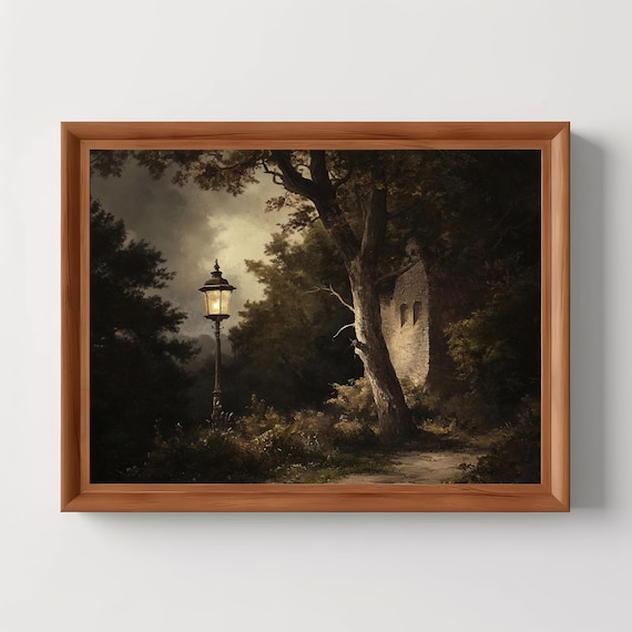 Glowing Lantern In Dark Forest Gothic Night Oil Painting Poster