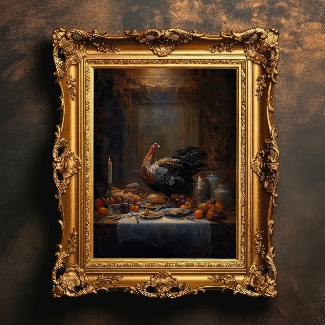 Turkey Thanksgiving Day Feast Vintage Oil Painting