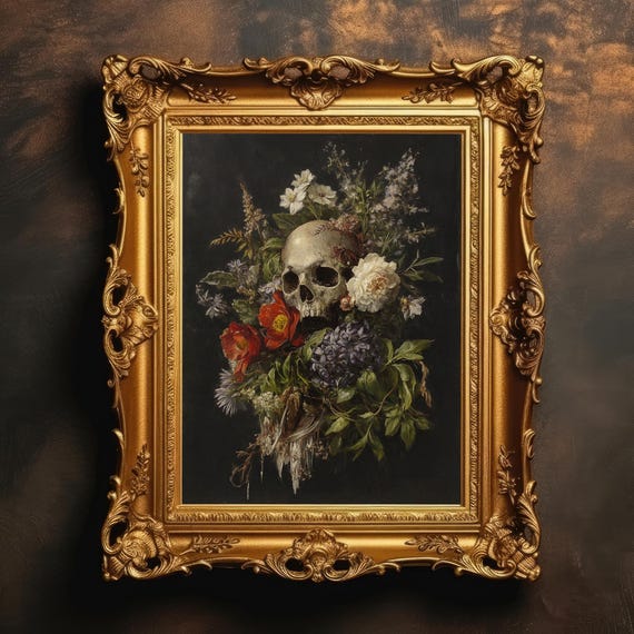 Dark Academia Floral Skull Gothic Vanitas Still Life Art Moody Vintage Botanical Victorian Memento Mori
