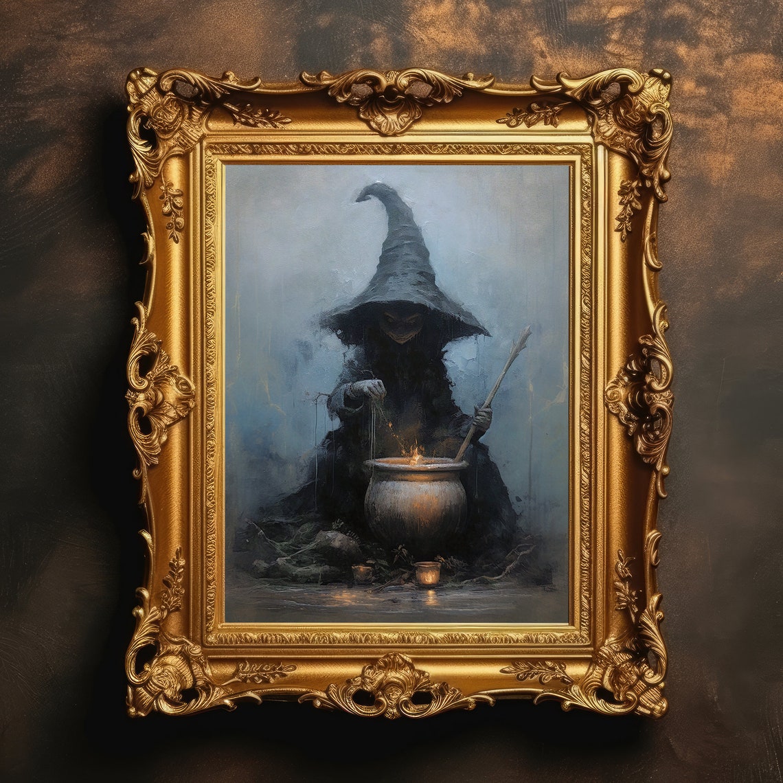 Witch Brewing Cauldron Misty Dark Academia Gothic Halloween Art Poster
