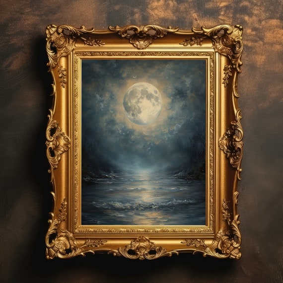 Lunar Waves Moon Landscape, Dark Academia Art Print