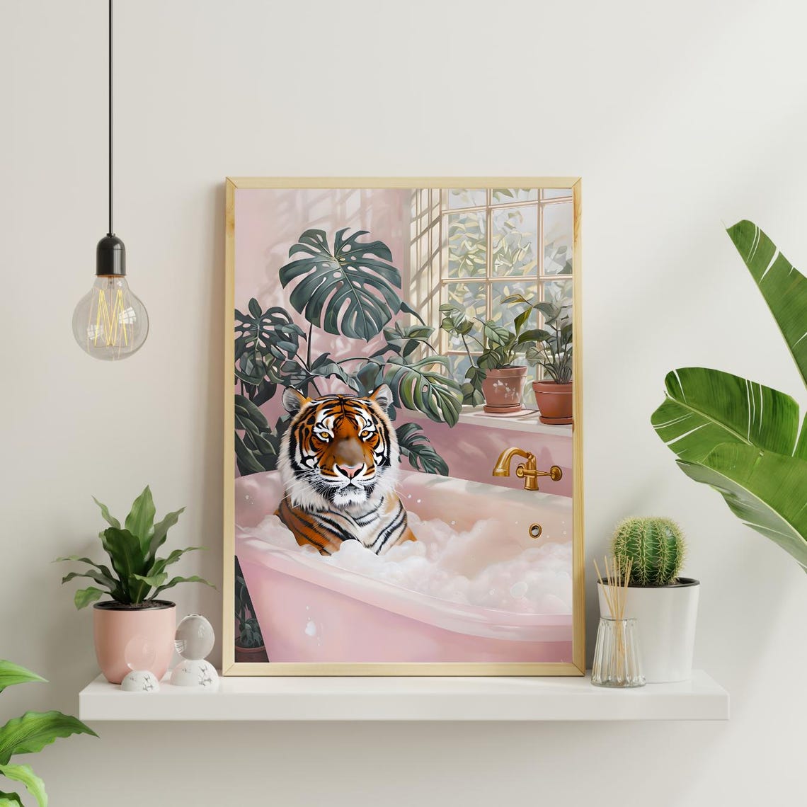 Tiger In Pink Bathtub Art Print Boho Bathroom Decor